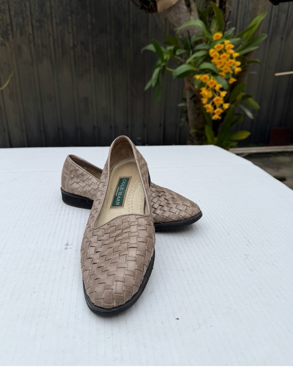 Cole Haan Woven Leather Slip-On Flats in Taupe